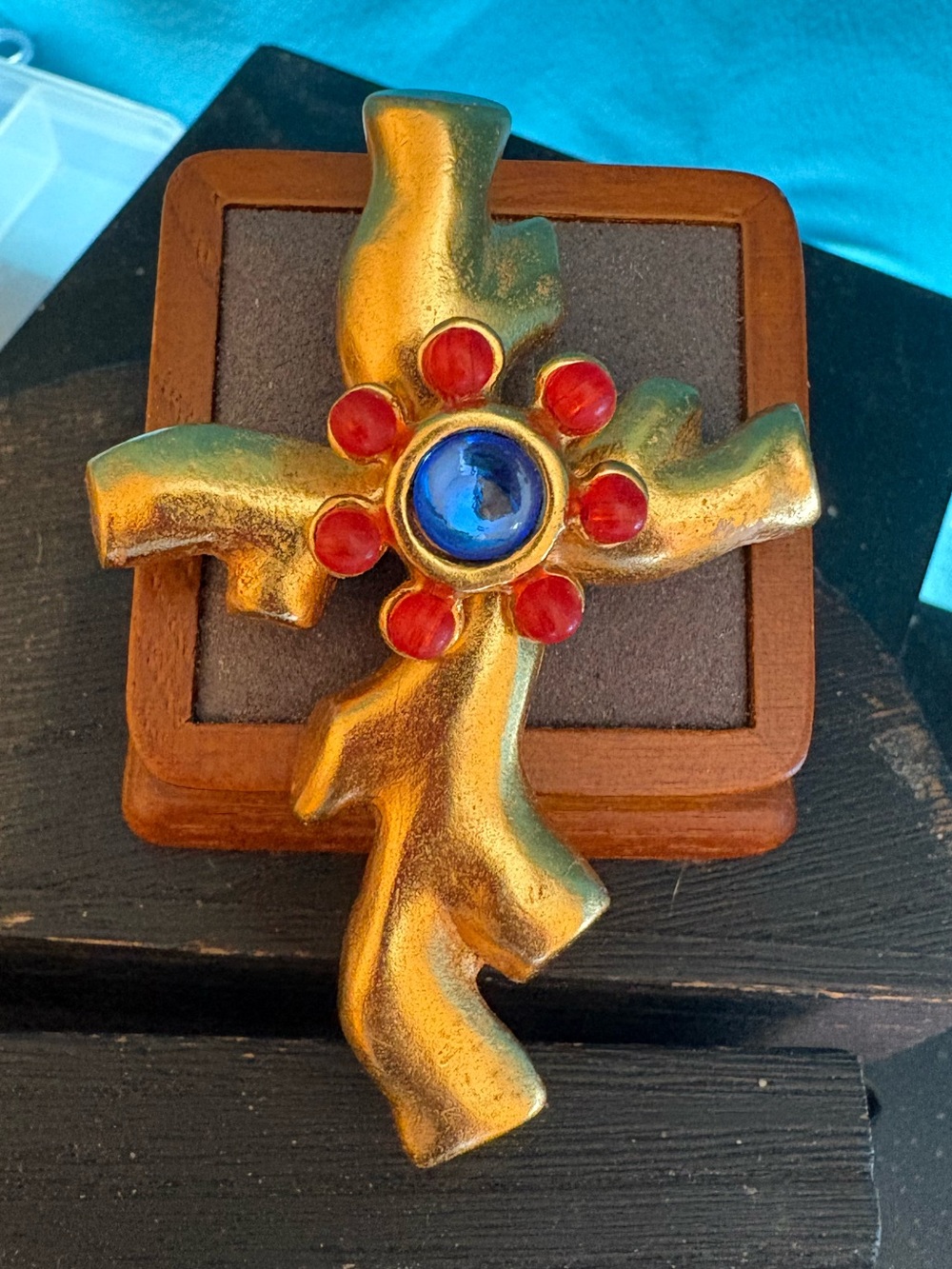 Christian Lacroix brooch vintage sculpted branch cross blue & red glass cabochon